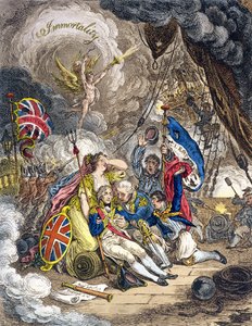 विजय के क्षण में एडमिरल लॉर्ड नेल्सन की मृत्यु! 1805 में हन्ना हम्फ़्रे द्वारा प्रकाशित (हाथ से रंग की नक़्क़ाशी)
