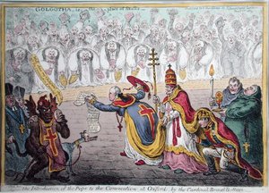 1809 में हन्ना हम्फ्री द्वारा प्रकाशित कार्डिनल ब्रॉड-बॉटम द्वारा ऑक्सफ़ोर्ड में दीक्षांत समारोह में पोप का परिचय (हाथ से रंगी नक़्क़ाशी) द्वारा जेम्स गिलियरे