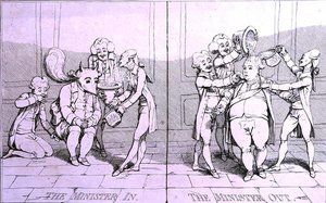 द मिनिस्टर इन - द मिनिस्टर आउट, विलियम हम्फ्री द्वारा 1782 में प्रकाशित (नक़्क़ाशी) द्वारा जेम्स गिलियरे