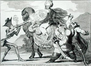 1786 में डब्ल्यू हॉलैंड द्वारा प्रकाशित द पॉलिटिकल बैंडिटि असैलिंग द सेवियर ऑफ इंडिया (नक़्क़ाशी) द्वारा जेम्स गिलियरे