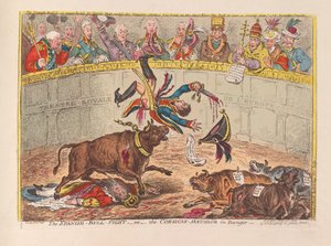 स्पेनिश बुल फाइट या डोंगर, पब में कोर्सीकन मैटाडोर। 1805 (हाथ के रंग का उत्कीर्णन)