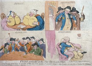 हेंस हम्फ्रे, 1792 (हाथ से रंग की नक़्क़ाशी) द्वारा प्रकाशित नई उद्घोषणा में वाइस ओवरलेड