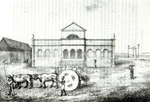 1821 में लंदन में प्रकाशित जेम्स हेंडरसन द्वारा &39;द ए हिस्ट्री ऑफ़ द ब्राज़ील&39; का दृष्टांत द रियो एक्सचेंज, एक पब्लिक ट्रैपिच, एक ग्रास वैगन और गैलोज़, द्वारा जेम्स हेंडरसन