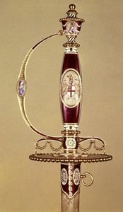 ईस्ट इंडिया कंपनी द्वारा कर्नल जेम्स हार्टले (1745-99) को भेंट की गई तलवार की मूठ, जेम्स मोरिसेट द्वारा स्थापित (c.1766-c.1800) c.1780 (सोना और मीनाकारी) द्वारा जेम्स मोरिसट