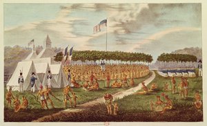 प्रैरी डु चिएन, विस्कॉन्सिन में महान संधि के दृश्य, सितंबर 1825, &39;द एबोरिजिनल पोर्टफोलियो&39;, 1825 (रंग उत्कीर्णन)