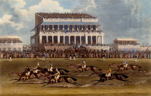 एप्सोम दौड़ में ग्रैंड स्टैंड, चार्ल्स हंट द्वारा बनाया गया प्रिंट, 1836 (एक्वाटिंट) द्वारा जेम्स पोलार्ड