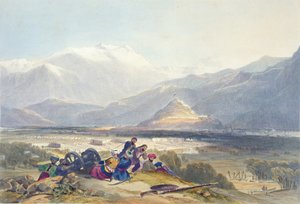 बाला हिसार और काबुल का शहर, बा मैरो हिल से ब्रिटिश छावनियों के साथ, शत्रुतापूर्ण कॉन्सिंग, &39;16 सीन्स, इनहाबिटेंट्स एंड कॉस्ट्यूम्स ऑफ़ अफ़गानिस्तान&39; से प्लेट 16, आर। कार्रिक द्वारा उत्कीर्ण द्वारा जेम्स रैट्रे