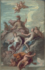 जूनो, मिनर्वा और वीनस डिस्पैचिंग मर्करी ऑफ़ द एप्पल, के साथ c.1718