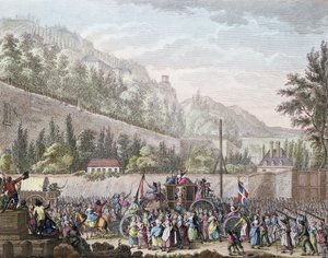 6 अक्टूबर 1789, 1796 को फ्रांस के शाही परिवार को वर्साय से पेरिस लाते समय औटील में लेस हॉल की महिलाएं द्वारा जन बुलथे