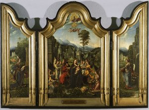 सेंट कैथरीन और सेंट बारबरा ट्रिप्टिच के साथ पवित्र परिवार, सी। 1505 द्वारा जन गोश्त