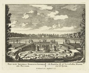 पैलिस हेट लू के बागों में बड़े तालाब पर फव्वारा, 1695-1705