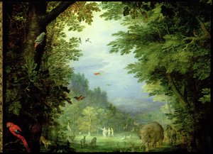 पृथ्वी या सांसारिक स्वर्ग, भगवान और अन्य जानवरों के साथ एडम और ईव का विस्तार, 93899 के तांबे के विवरण पर 1607-08 तेल