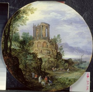 टिवोली में 1595 में वेस्टा के मंदिर के साथ साउथ कोस्ट लैंडस्केप द्वारा जन एल्डर ब्रूघेल