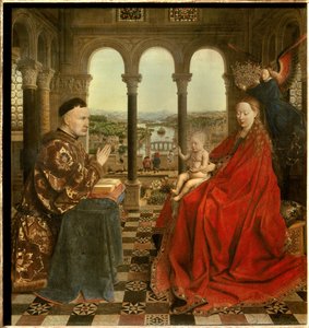 वर्जिन ऑफ चांसलर रोलिन निकोलस रोलिन (1376-1461) फिलिप ले बॉन के तहत बरगंडी के चांसलर और 1443 में हॉस्पिस डी ब्यूने के संस्थापक थे। जान वैन आइक (1390-1441) द्वारा पेंटिंग। 15वीं शताब्दी का सूर्य। 0,66x0,62 मीटर पेरिस, - चांसलर आर . का वर्जिन द्वारा जान वैन आईक