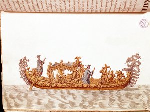 एक शाही गोंडोला - जन वैन ग्रेवेनब्रोक (या गियोवन्नी ग्रीवेम्ब्रोच (ग्रीवेनब्रोच) (1731-1807) की पांडुलिपि "कस्टम्स ऑफ द वेनिशियन" से जल रंग की ड्राइंग और स्याही द्वारा जन वैन ग्रीवेनोबेक