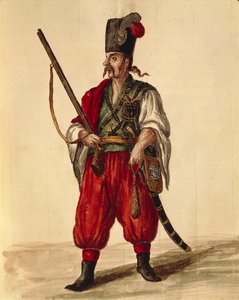 जन वैन ग्रेवेनब्रोक या जियोवानी ग्रीवेम्ब्रोक (1731-1807) द्वारा कैरबिनियर वर्दी, वेशभूषा की सचित्र पुस्तक, जल रंग से ग्लि डोने डी वेनेज़ियानी द्वारा जन वैन ग्रीवेनोबेक