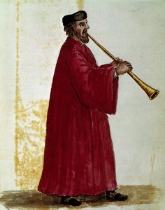 जन वैन ग्रेवेनब्रोक (या गियोवन्नी ग्रीवेम्ब्रोक (ग्रीवेनब्रोच) (1731-1807) द्वारा पांडुलिपि "कस्टम्स ऑफ वेनिशियन" से बांसुरी वादक वॉटरकलर ड्राइंग और स्याही द्वारा जन वैन ग्रीवेनोबेक