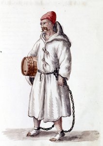 17 वीं -18 वीं शताब्दी से गैलेरियन। जन वैन ग्रेवेनब्रोक (या जियोवानी ग्रीवेम्ब्रोक (ग्रीवेनब्रोच) (1731-1807) द्वारा पांडुलिपि "कस्टम्स ऑफ द वेनिशियन" से वॉटरकलर ड्राइंग और स्याही द्वारा जन वैन ग्रीवेनोबेक