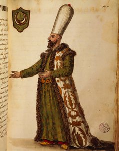 वेनिस में तुर्की के राजदूत, Gli abbigliamento de veneziani (वेनेटियन की वेशभूषा), खंड II, प्लेट 121 से Giovanni di Grevembroch द्वारा रंगीन उत्कीर्णन द्वारा जन वैन ग्रीवेनोबेक