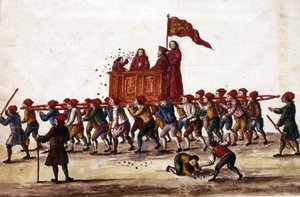 विनीशियन पार्टियां। राजकुमार जो अभी-अभी चुना गया है, उसे आर्सेनल के कार्यकर्ताओं द्वारा सेंट मार्क स्क्वायर तक विजयी रूप में ले जाया जाता है। पाठ्यक्रम के दौरान वह भीड़ पर सिक्के फेंकता है। पानी के रंग का चित्र और स्याही किसके द्वारा "वेनिटियन के सीमा द्वारा जन वैन ग्रीवेनोबेक