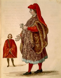 जेन वैन ग्रेवेनब्रोक या जियोवानी ग्रीवमब्रोच (1731-1807), ग्लि एबिटी डी वेनेज़ियानी द्वारा "डोगलिना" पहने हुए, व्यापक आस्तीन के साथ औपचारिक वस्त्र पहने हुए, वेशभूषा की सचित्र पुस्तक, जल रंग से द्वारा जन वैन ग्रीवेनोबेक