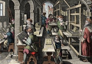 प्रिंटिंग ऑफिस, c1600 - हॉलैंड, प्रिंटिंग: बाईं ओर के पात्र पात्रों का उपयोग करते हैं, एक मास्टर प्रिंटर द्वारा पर्यवेक्षित मुद्रण की तैयारी के विभिन्न चरण - जियोवानी स्ट्राडानो (जन वान डेर स्ट्रेट) (जोहान) द्वारा "नोवा रेपर्टा" से उत्कीर्णन