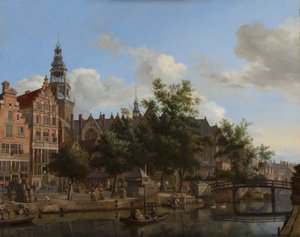 एम्स्टर्डम में Oude Kerk के साथ Oudezijds Voorburgwal का दृश्य, सी। 1670 (पैनल पर तेल)
