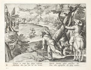 फाउलर्स, कौवे को पकड़ते हुए, जन Collaert (1566-1628), पब द्वारा उत्कीर्ण &39;वेनेशन, फेरारम, एवियम, पिस कैल्शियम&39; (शिकार का: जंगली जानवर, पक्षी, मछली) से चित्रण। फिलिप्स गैलैस, एम्स्टर्डम (इंग्लैंड) द्वारा द्वारा जन वैन डर स्ट्रेट