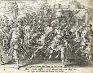 फ़िलिप गैली (1537-1612) द्वारा उत्कीर्ण, &39;द हिस्ट्री ऑफ़ द मेडिसी&39; से प्लेट 1 में गिओवन्नी डी &39;मेडिसी को रोम में घिरा द्वारा जन वैन डर स्ट्रेट