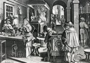 घड़ियों लोहा, प्लेट 5 &39;नोवा reperta&39; से फिलिप्स गाले, c.1580-1605 द्वारा उत्कीर्ण
