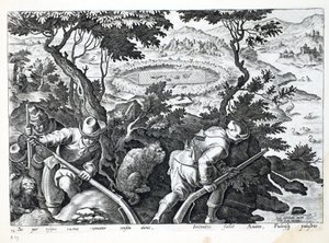 बतख के लिए शिकार, &39;कोलाशन, फेरारम, एवियम, पिस कैल्शियम&39; (शिकार का: जंगली जानवर, पक्षी, मछली) से चित्रण, जन कोलार्ट (1566-1628), उत्कीर्ण द्वारा पब फिलिप गैलस, एम्स्टर्डम (engravin) द्वारा द्वारा जन वैन डर स्ट्रेट