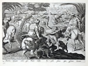 हॉर्सबैक हंटिंग ऑस्ट्रिच, प्लेट 62 पर मूर, जन कोलार्ट (15-16-1628) द्वारा उत्कीर्ण, &39;वेनेशन, फेरारम, एवियम, पिसियम&39; (शिकार का: जंगली जानवर, पक्षी, मछली) का चित्र फिलिपस द्वारा द्वारा जन वैन डर स्ट्रेट