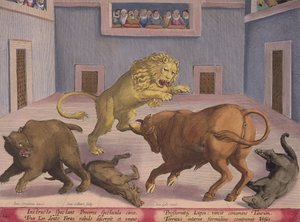 नोबलमैन एक इंडोर सर्कस में जंगली जानवरों के संयोजन को देखते हैं, जो कि जन कोला (1566-1628) द्वारा प्रकाशित &39;कोलाएंस फ़ेरम, एवियम, पिस कैल्शियम&39; (शिकार का: जंगली जानवर, पक्षी, मछली) से 12 प्लेट प्लेट में प्रकाशित हुआ द्वारा जन वैन डर स्ट्रेट