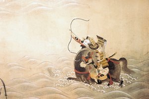 जेनपेई (जनरल पेई) युद्ध (1180-1185) का एपिसोड: एक समुराई धनुष से लैस और घोड़े पर चढ़कर एक नदी को पार करता है। टोसा स्कूल की जापानी कला