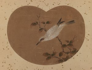 पक्षी के साथ फैन पेंटिंग (रेक्टो) (कागज पर स्याही और रंग) द्वारा जापानी स्कूल