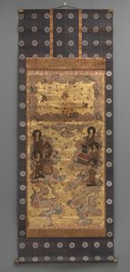 भित्ति चित्र: पच्चीस बोधिसत्वों का वंश (अमिताभ त्रय के परिचारक), 18 वीं शताब्दी (ट्रिप्टिच हैंगिंग स्क्रॉल: स्याही, रंग और कागज, पीतल पर सोने की पत्ती) द्वारा जापानी स्कूल