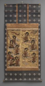भित्ति चित्र: पच्चीस बोधिसत्वों का वंश (अमिताभ त्रय के परिचारक), 18 वीं शताब्दी (ट्रिप्टिच हैंगिंग स्क्रॉल: कागज, पीतल पर स्याही, रंग और सोने की पत्ती) द्वारा जापानी स्कूल