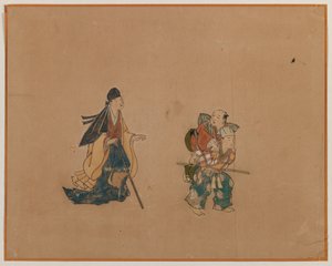 समुराई और दो ब्लाइंडमेन, एल्बम लीफ पेंटिंग (स्याही और रंग कागज पर) द्वारा जापानी स्कूल