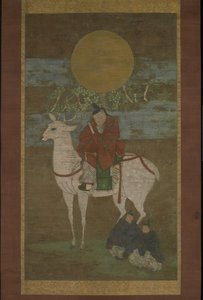 काशिमा से प्रस्थान (कासुगा के देवता बाहर), 14 वीं शताब्दी के अंत में (हैंगिंग स्क्रॉल: स्याही, रंग और रेशम पर सोना) द्वारा जापानी स्कूल