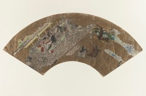 शीर्षकहीन - एक मंडप में बैठी महिलाओं की फैन के आकार की पेंटिंग, एक खेल, 1603-1868 द्वारा जापानी स्कूल
