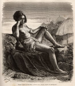 ताइओ-हे (या ताओ हाए) की मूल निवासी महिला, मार्क्विस के द्वीपसमूह में, अपने टैटू वाले पैरों को दिखाते हुए, ए। रिक्सेंस द्वारा एक चित्र के बाद उत्कीर्णन, १८७२-१८७४ में प्रशांत की यादों को चित्रित करते हुए, ए.पैल्हेस द्वारा, एक जहाज का चिन्ह, "Le t .&quo
