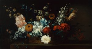 Peonies, गुलदाउदी और एक टोकरी में अन्य फूल (कैनवास पर तेल)
