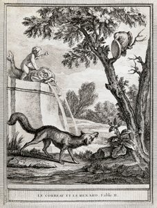 द क्रो एंड द फॉक्स, जीन-बैप्टिस्ट ओड्री द्वारा चित्रण (1686-1755) जीन डे ला फोंटेन (1621-1695) द्वारा कल्पित कहानी के लिए द्वारा जीन बैप्टिस्ट ओड्री