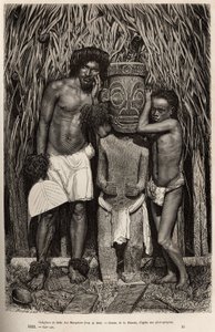 द्वीप के एक निवासी हिवा- ओए (हिवा ओए) और उसका बेटा, मार्केसस द्वीपसमूह के द्वीपसमूह में, भगवान टिकी को चित्रित करने वाली एक नक्काशीदार लकड़ी की मूर्ति को घेरते हुए, ए। रिक्सेंस द्वारा प्रशांत की यादों को दर्शाते हुए एक चित्र के बाद उकेरा गया। १८७२-१८७४, द्