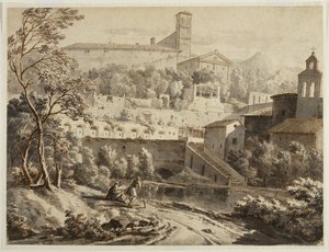 एक इतालवी शहर के नीचे एक रिवरबैंक के साथ एक कलाकार स्केचिंग, c.1780 (रखी कागज पर स्याही और धोना, काले चाक के निशान) द्वारा जीन एंटोनी कॉन्स्टेंटिन