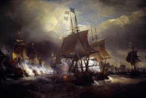 अमेरिकी स्वतंत्रता संग्राम: "" 23 और 27/07/1778 के बीच बैटल नेवल डी'ओसेंट"" उसने अंग्रेजी के फ्रांसीसी बेड़े का विरोध किया। विवरण। थिओडोर गुडिन (1802-1880) द्वारा 19वीं सदी के पेरिस की पेंटिंग। समुद्री संग्रहालय द्वारा जीन एंटोनी थिओडोर गुडिन