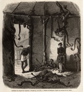 1860 में डा. रेपिन की डाहोमी की यात्रा को चित्रित करने के लिए, डाहोमी (वर्तमान बेनिन) में, वायदाह में, दाहोमी (वर्तमान बेनिन) में, भ्रूण के सांपों के मंदिर के अंदर। ”, एडौर्ड चार्टन द्वारा संपादित