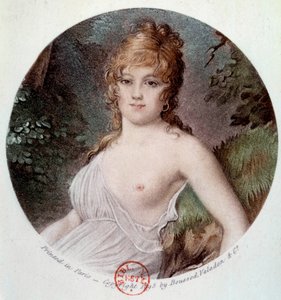 मैडम टालियन का पोर्ट्रेट, नी कैबरस, कारमैन की राजकुमारी - चिमे (1773-1835) जिसे जीन-बैप्टिस्ट इसाबे (1767-1855) 1895 पेरिस, मुसी कार्नावलेट के बाद नोट्रे डेम डी थर्मिडोर लिथोग्राफी कहा जाता है।