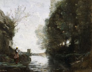 एक नदी जिसमें स्क्वायर टॉवर और अग्रभूमि में एक किसान है, c.1865-70 द्वारा जीन बैप्टिस्ट केमिली कोरोट
