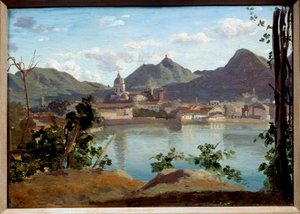 केमिली कोरोट द्वारा लेक एंड सिटी ऑफ़ कम पेंटिंग का दृश्य (1796-1875) 1834 निजी संग्रह and द्वारा जीन बैप्टिस्ट केमिली कोरोट